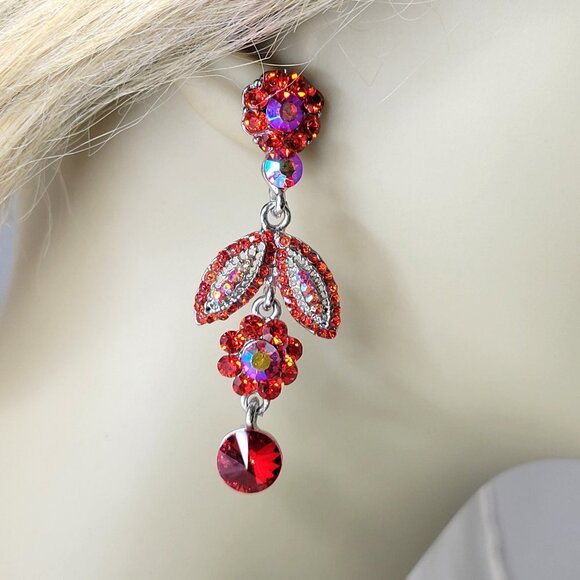 Red Rhinestone Chandelier Earrings - Picture 2 of 10